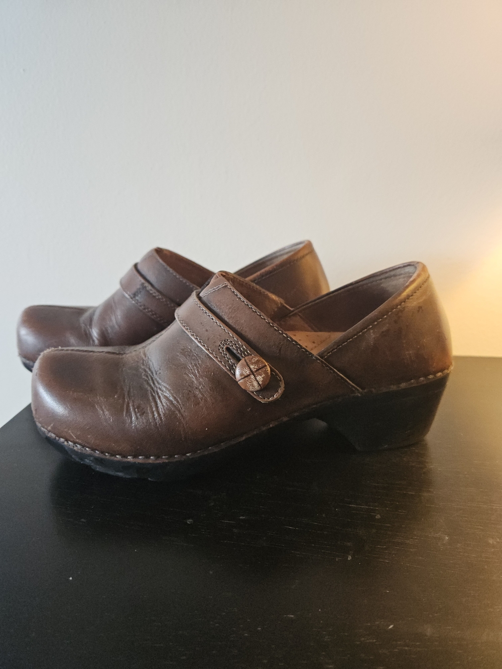 Dansko Brown Leather Mary Jane Clogs with Button Strap 39